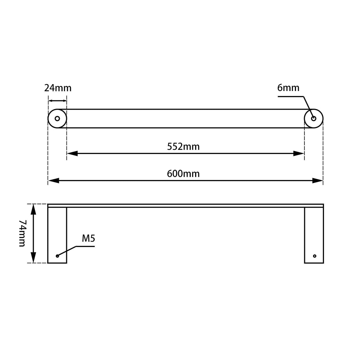 RUSHY Gun Metal Grey Single Towel Rail 600mm