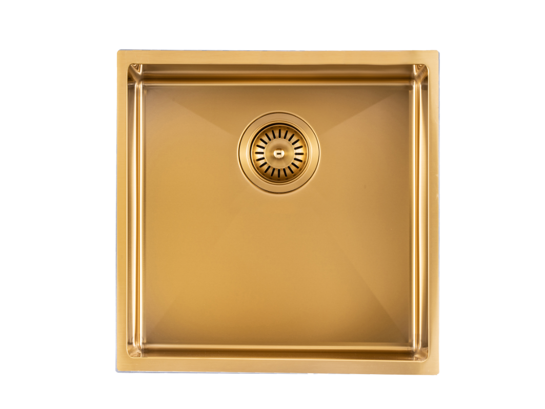 Brushed Yellow Gold Stainless Steel Handmade Single Bowl Sink for Flush Mount and Undermount | 440x440x205mm