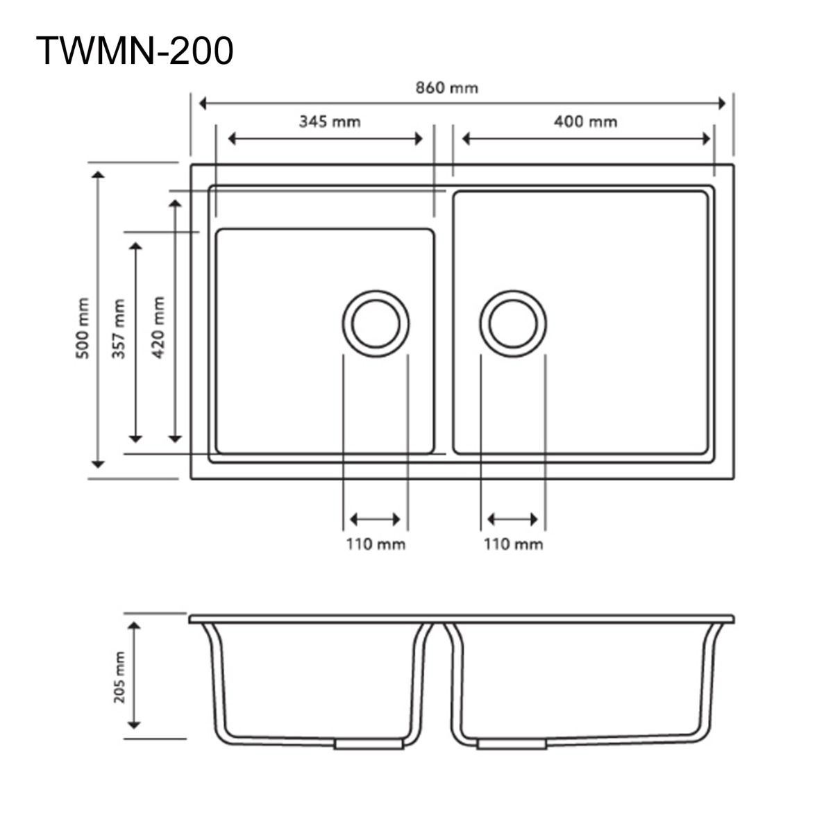 Carysil N200 Double Bowl Granite Kitchen Sink Top/Flush/Under Mount | 860 x 500 x 205 mm