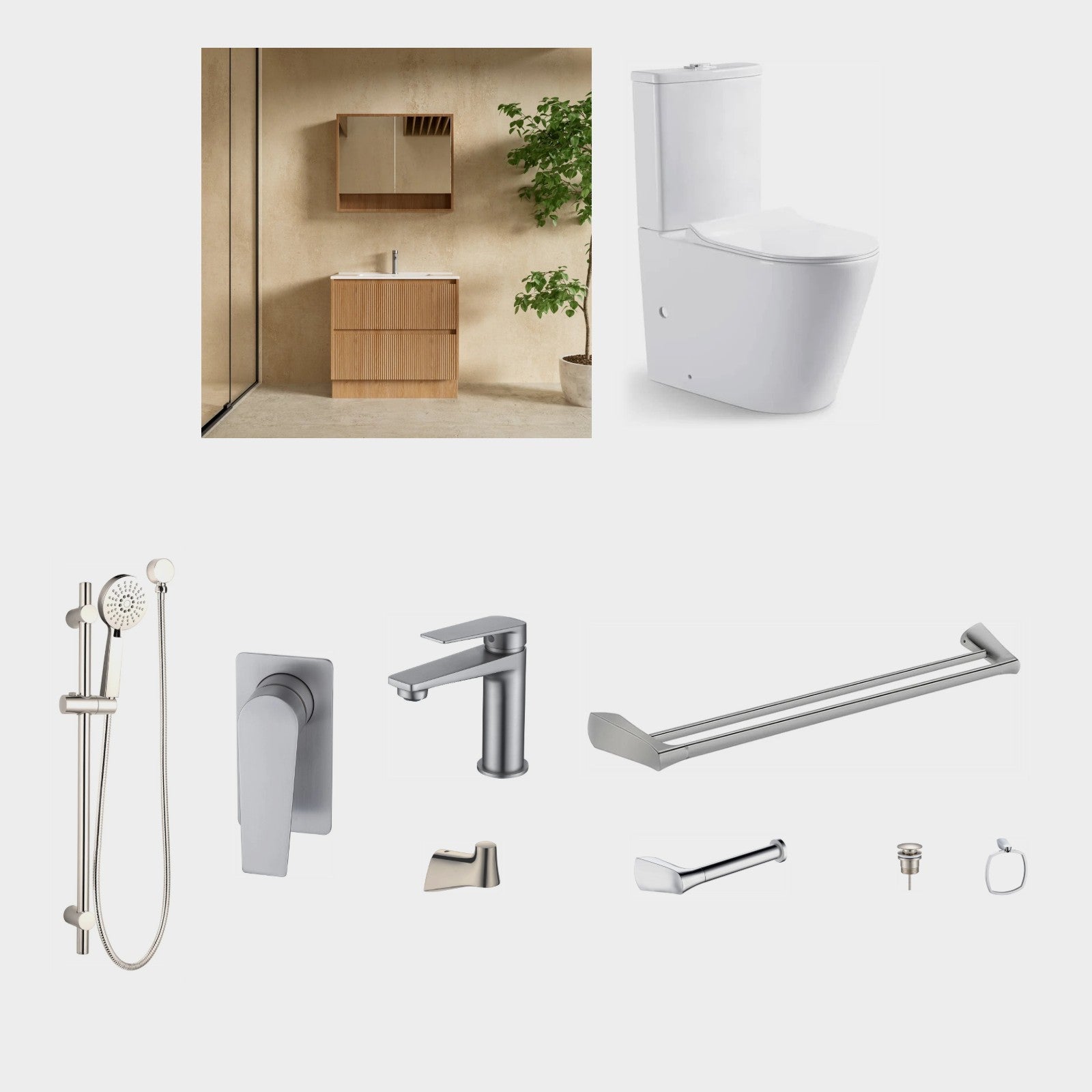 Zenmo EXON 11-Piece Complete Bathroom Package with Vanity - Brushed Nickel: every piece in the package