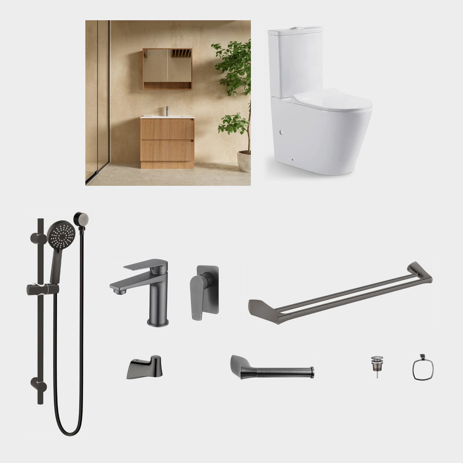 Zenmo EXON 11-Piece Complete Bathroom Package with Vanity - Gun Metal: every piece in the package