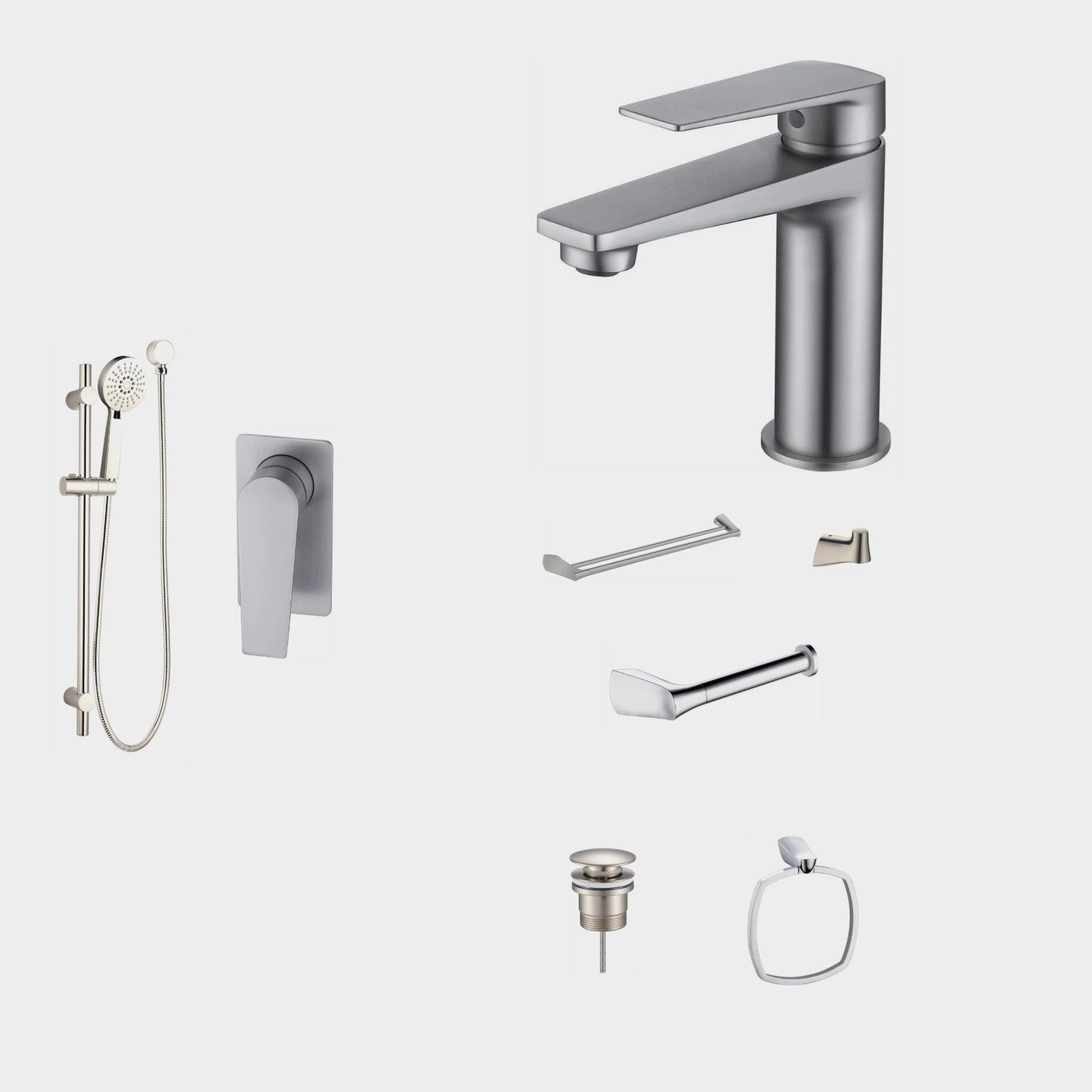 Zenmo EXON 8-Piece Bathroom Package - Brushed Nickel: every piece in the package