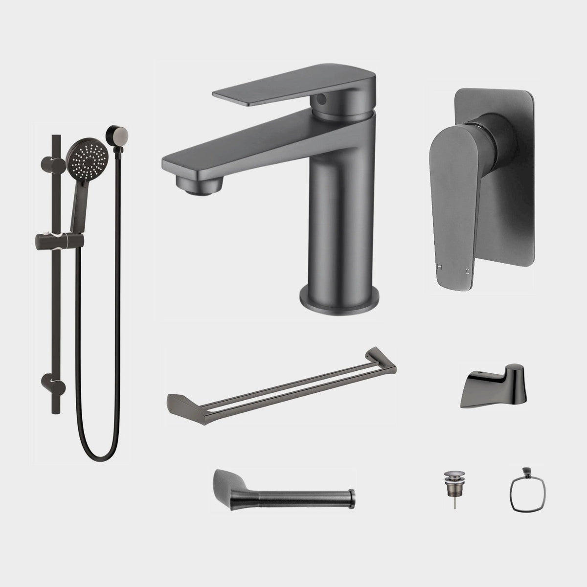 Zenmo EXON 8-Piece Bathroom Package - Gun Metal: every piece in the package