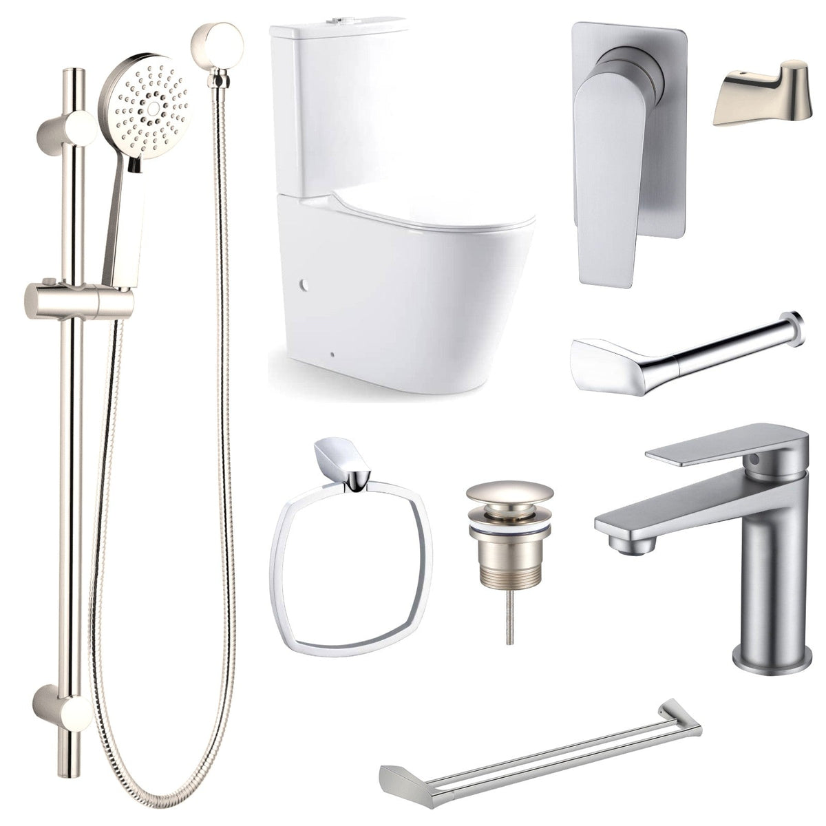 Zenmo EXON 9-Piece Bathroom Package with Toilet - Brushed Nickel: every piece in the package