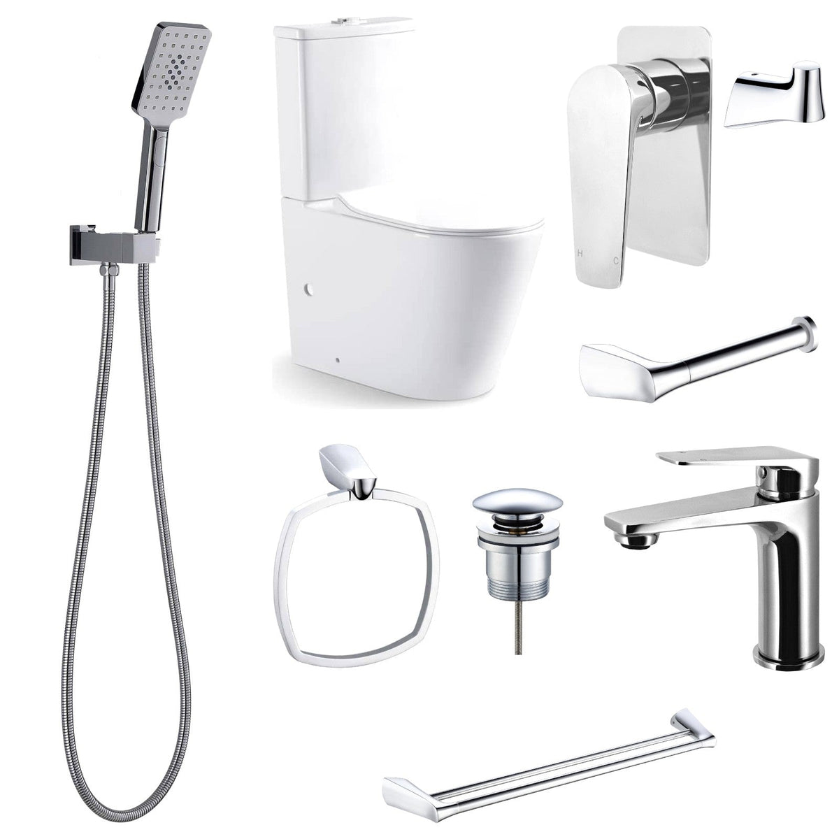 Zenmo EXON 9-Piece Bathroom Package with Toilet - Chrome: every piece in the package