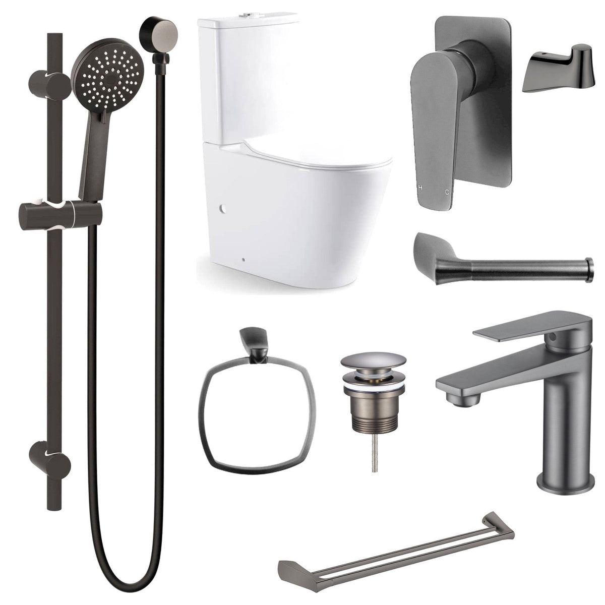 Zenmo EXON 9-Piece Bathroom Package with Toilet - Gun Metal: every piece in the package