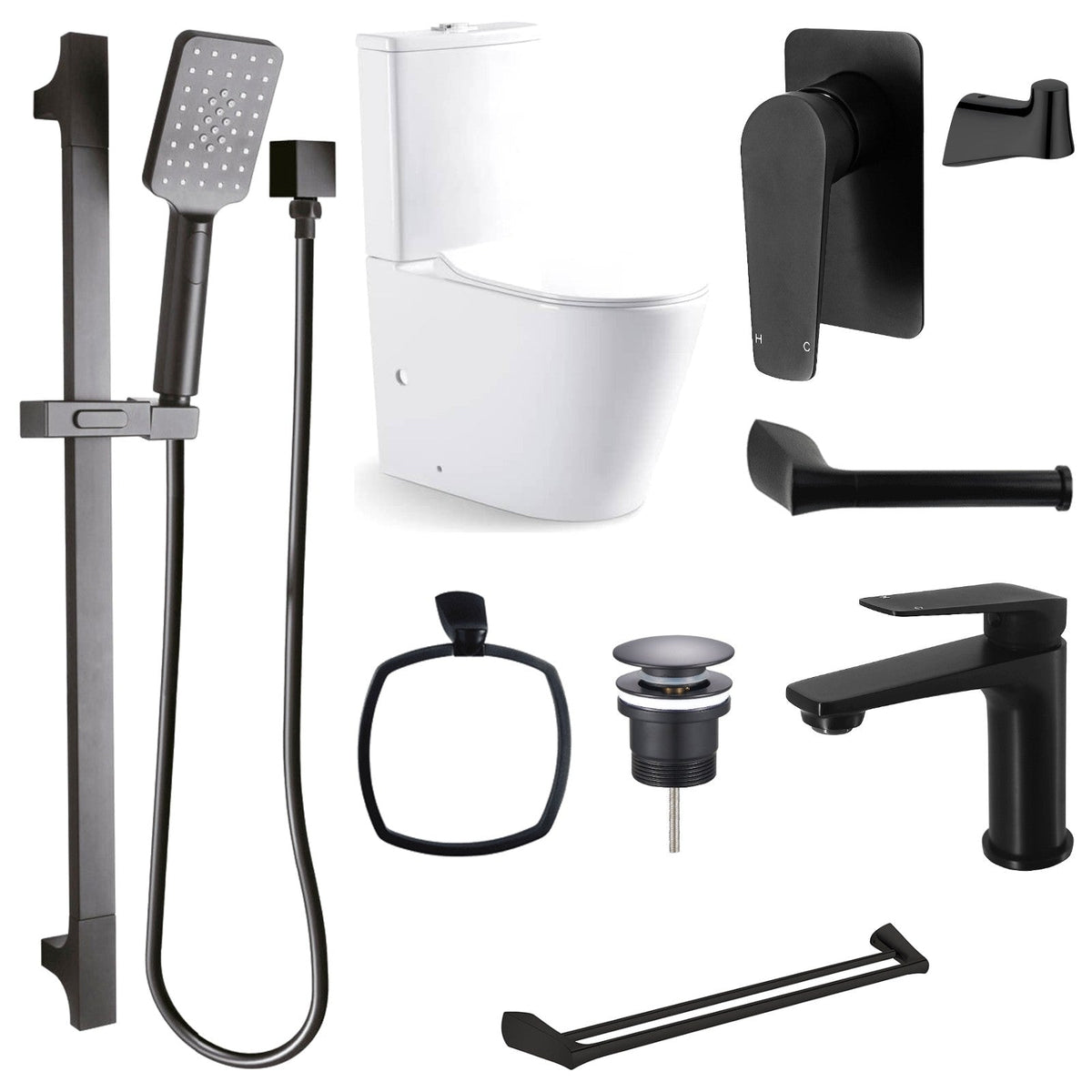 Zenmo EXON 9-Piece Bathroom Package with Toilet - Matte Black: every piece in the package