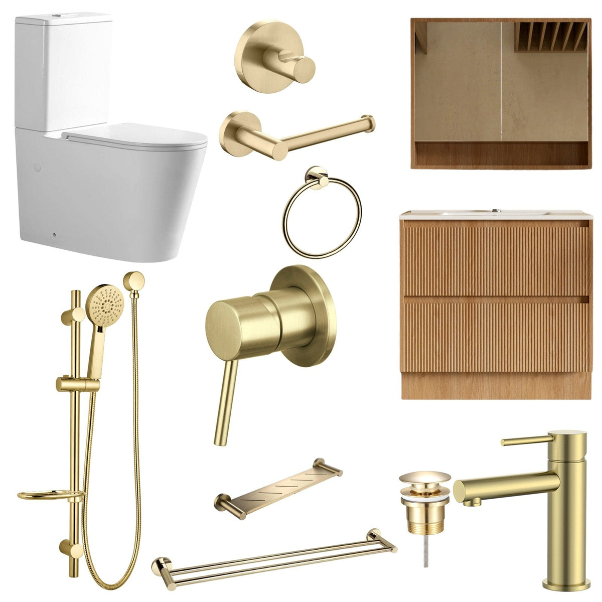 Zenmo JESS 12-Piece Complete Bathroom Package with Vanity - Brushed Brass: every piece in the package