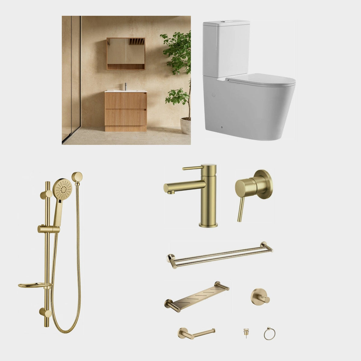 Zenmo JESS 12-Piece Complete Bathroom Package with Vanity - Brushed Brass: every piece in the package