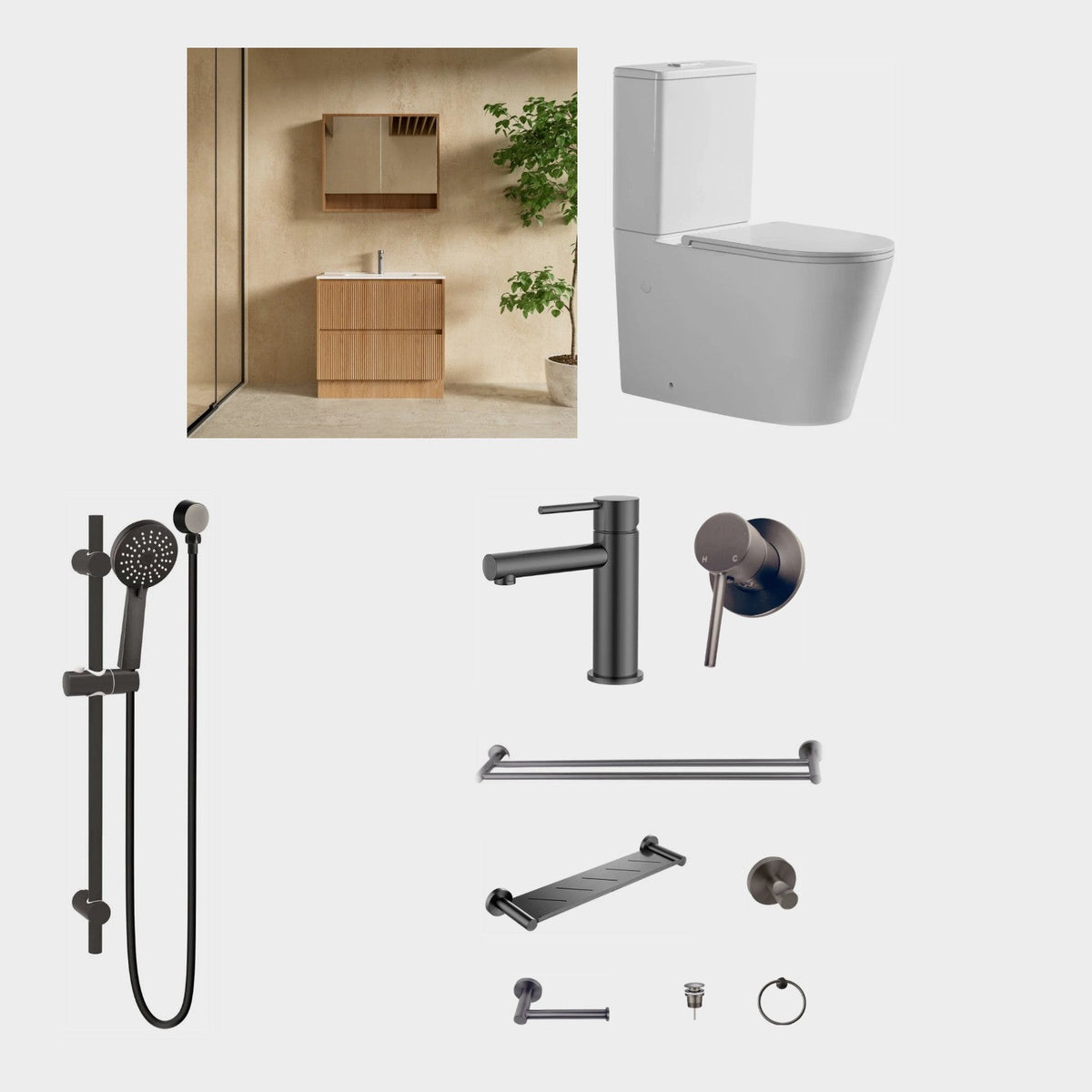 Zenmo JESS 12-Piece Complete Bathroom Package with Vanity - Gun Metal: every piece in the package