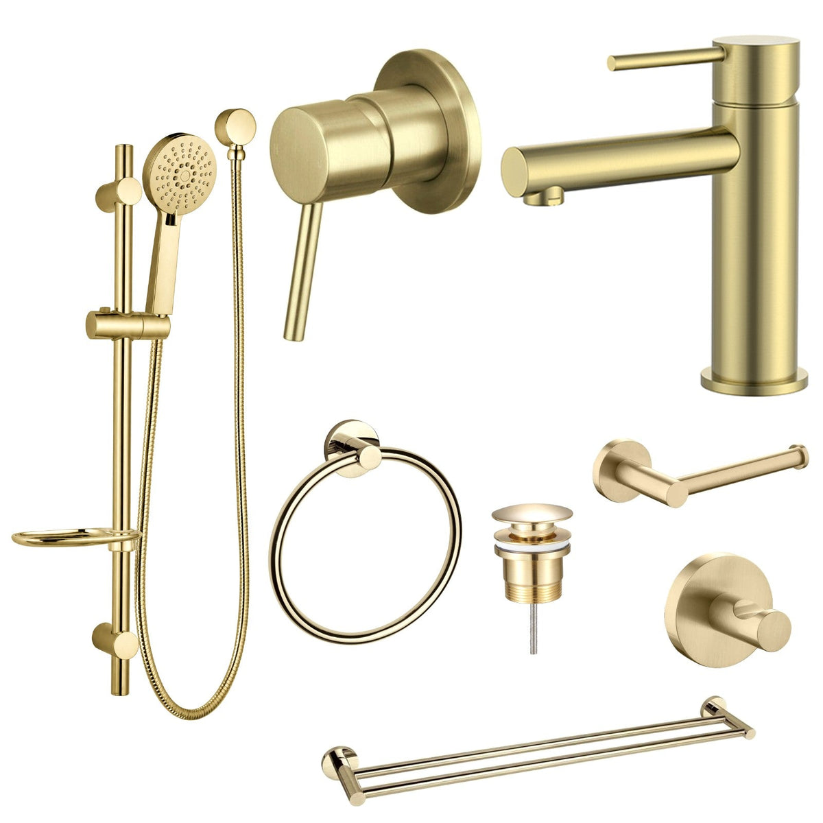 Zenmo JESS 8-Piece Bathroom Package - Brushed Brass: every piece in the package