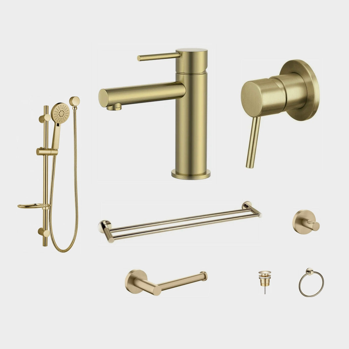 Zenmo JESS 8-Piece Bathroom Package - Brushed Brass: every piece in the package