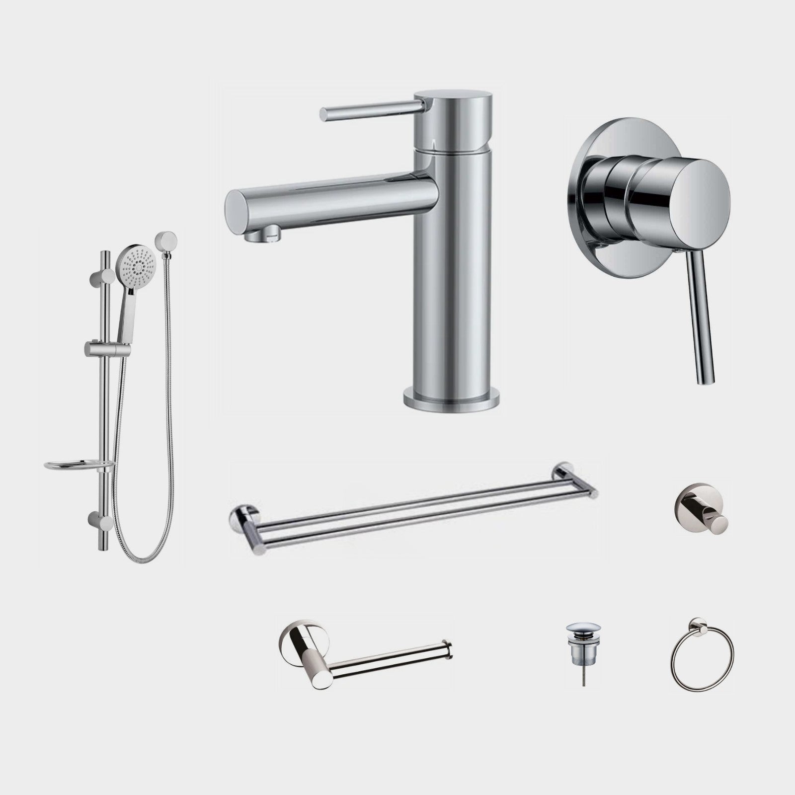 Zenmo JESS 8-Piece Bathroom Package - Chrome: every piece in the package