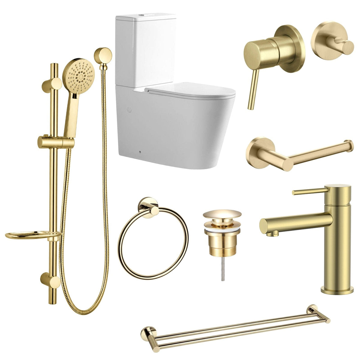 Zenmo JESS 9-Piece Bathroom Package with Toilet - Brushed Brass: every piece in the package