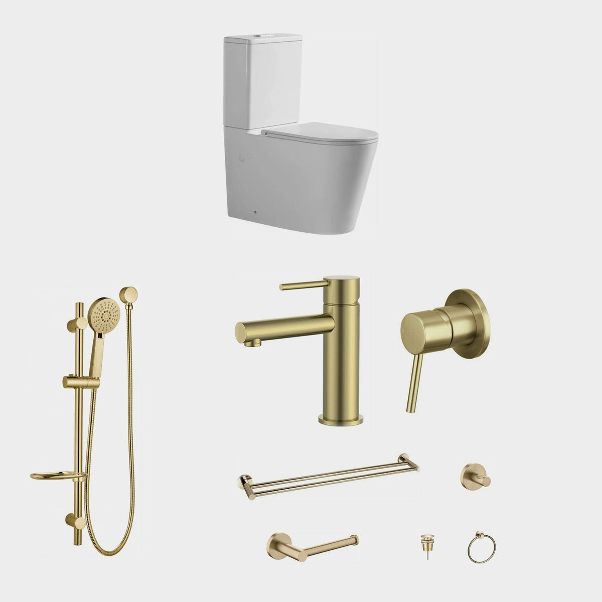 Zenmo JESS 9-Piece Bathroom Package with Toilet - Brushed Brass: every piece in the package