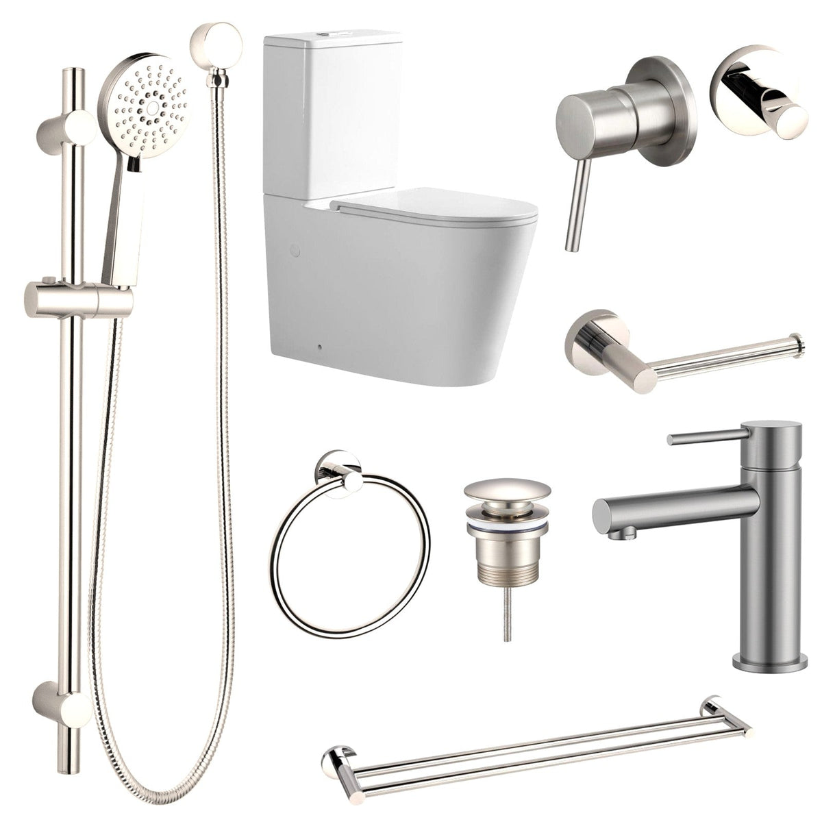 Zenmo JESS 9-Piece Bathroom Package with Toilet - Brushed Nickel: every piece in the package