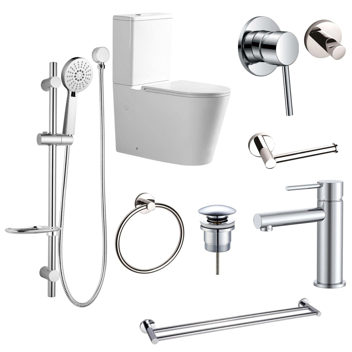 Zenmo JESS 9-Piece Bathroom Package with Toilet - Chrome: every piece in the package