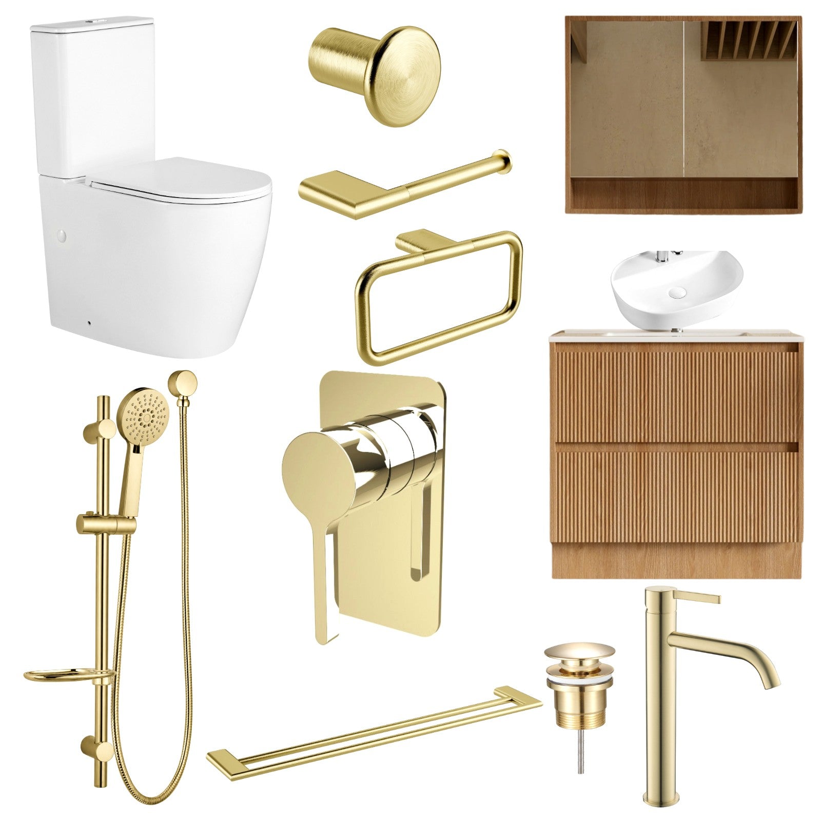 Zenmo KENZO 12-Piece Complete Bathroom Package with Vanity - Brushed Brass: every piece in the package