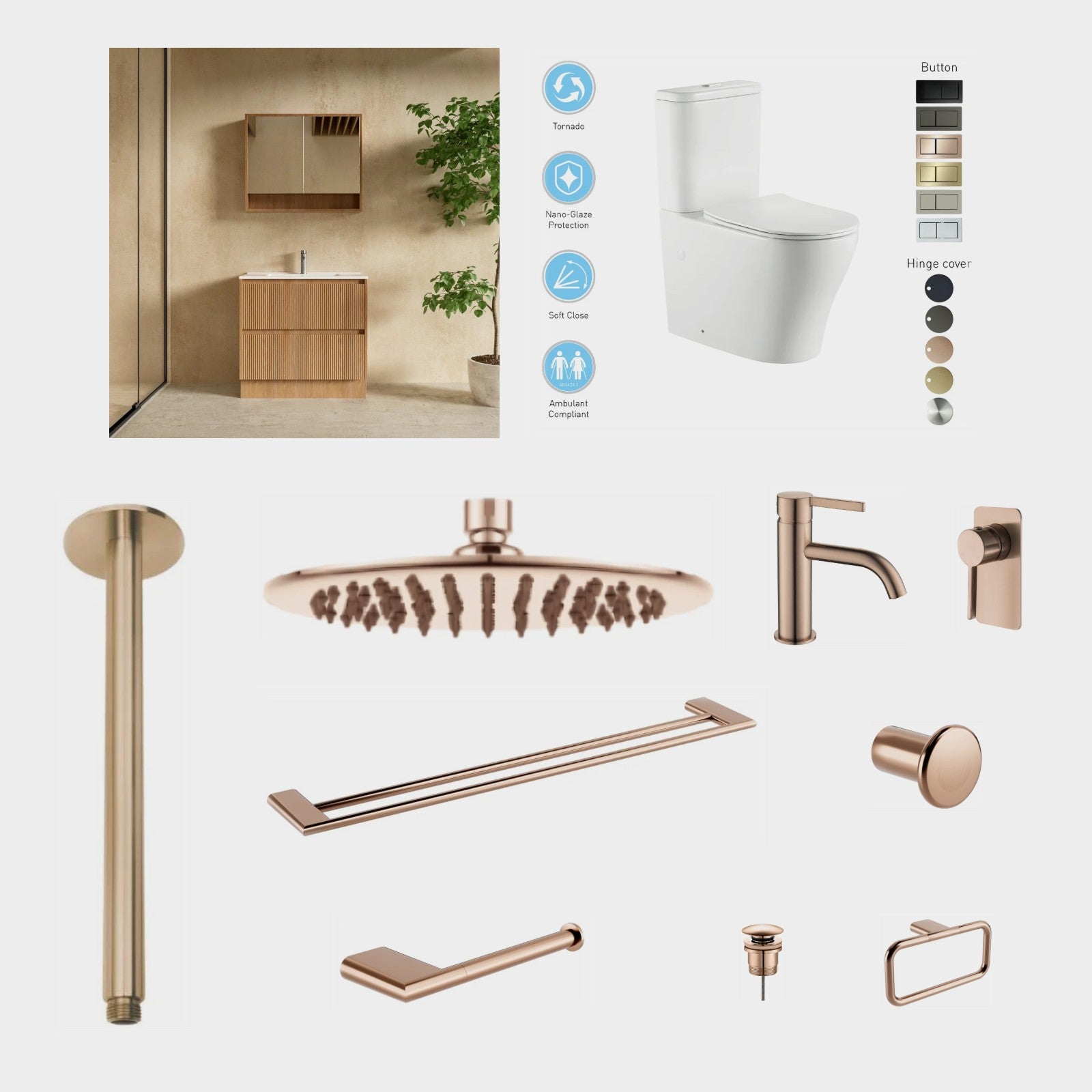 Zenmo KENZO 12-Piece Complete Bathroom Package with Vanity - Champagne Copper: every piece in the package