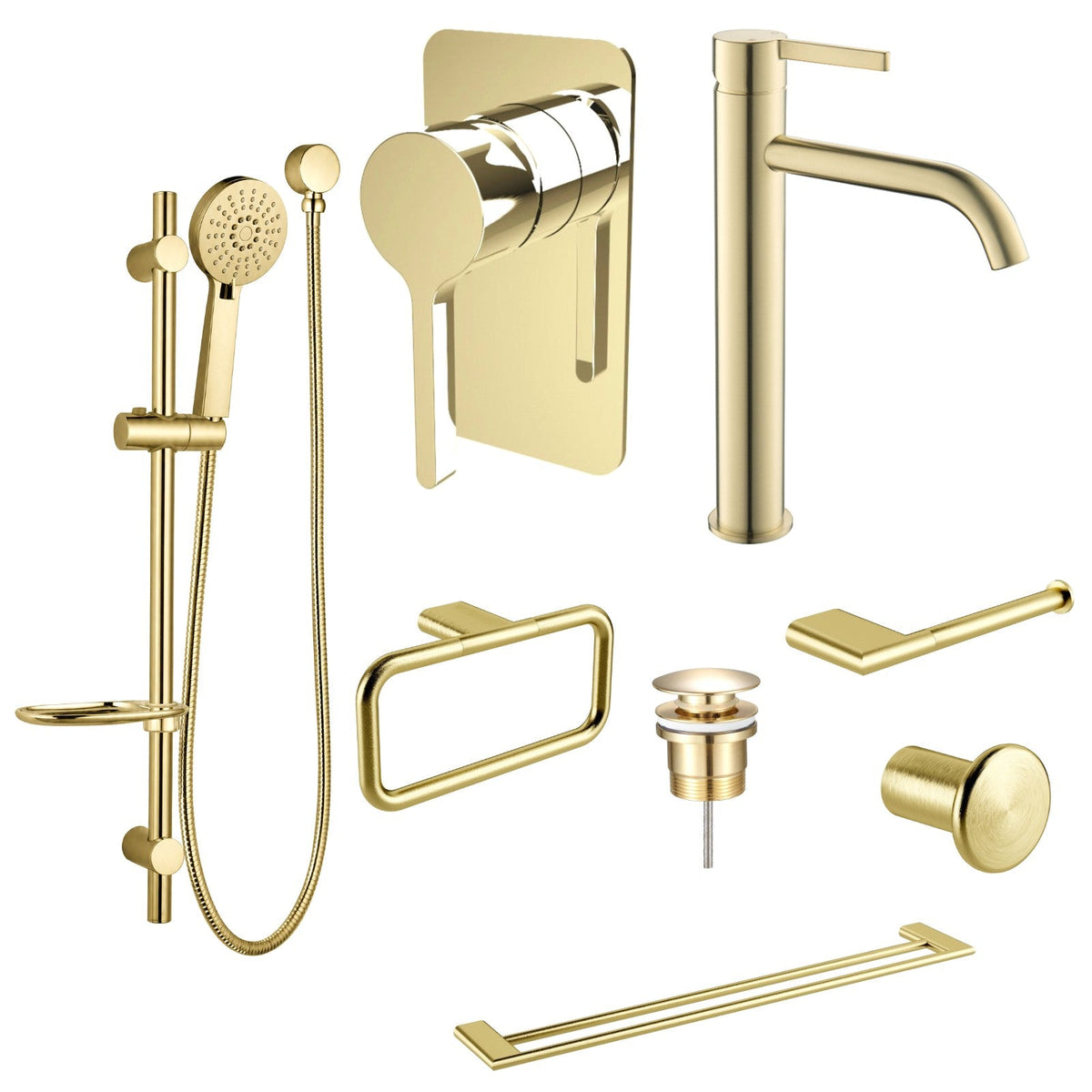 Zenmo KENZO 8-Piece Bathroom Package - Brushed Brass: every piece in the package