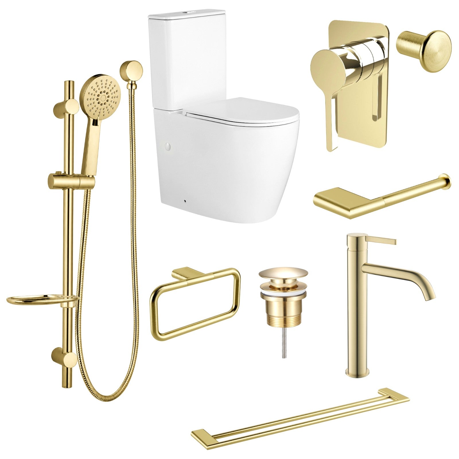 Zenmo KENZO 9-Piece Bathroom Package with Toilet - Brushed Brass: every piece in the package