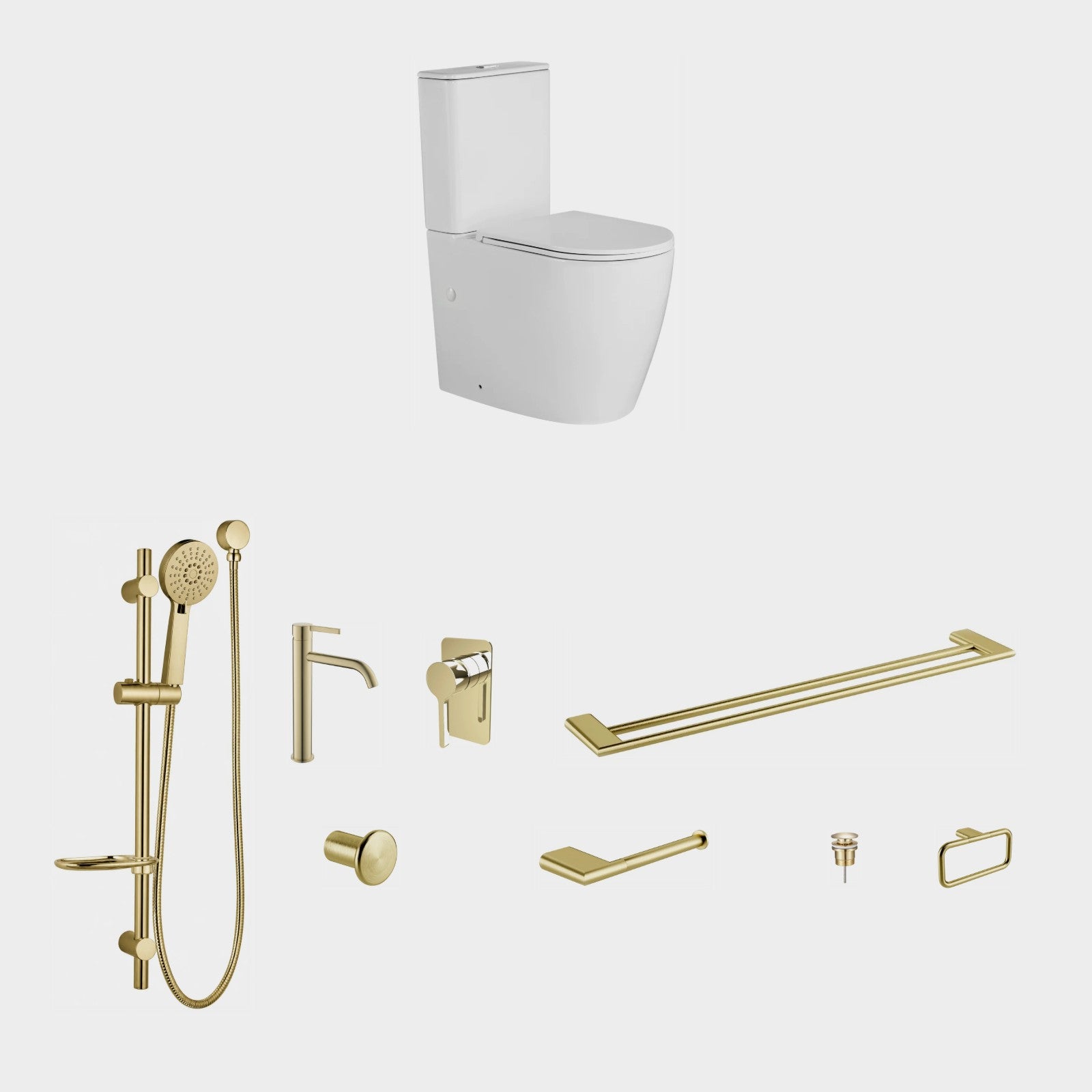 Zenmo KENZO 9-Piece Bathroom Package with Toilet - Brushed Brass: every piece in the package
