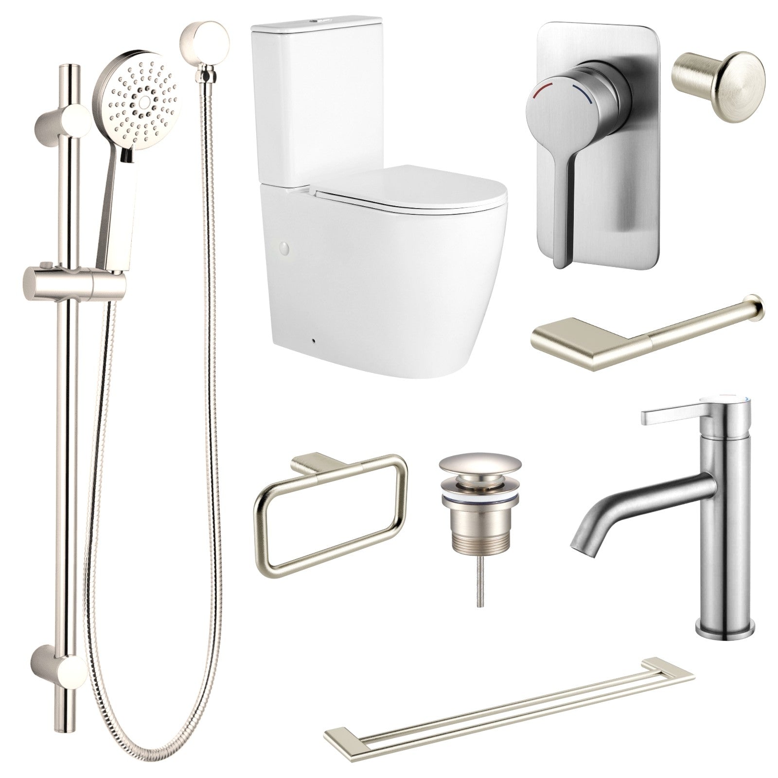 Zenmo KENZO 9-Piece Bathroom Package with Toilet - Brushed Nickel: every piece in the package