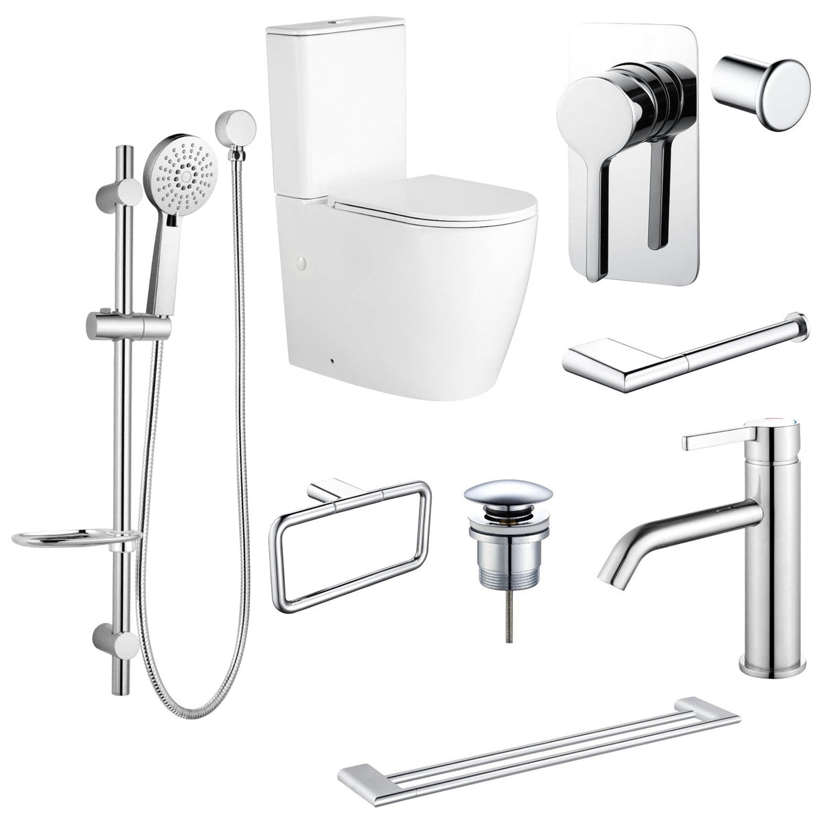 Zenmo KENZO 9-Piece Bathroom Package with Toilet - Chrome: every piece in the package