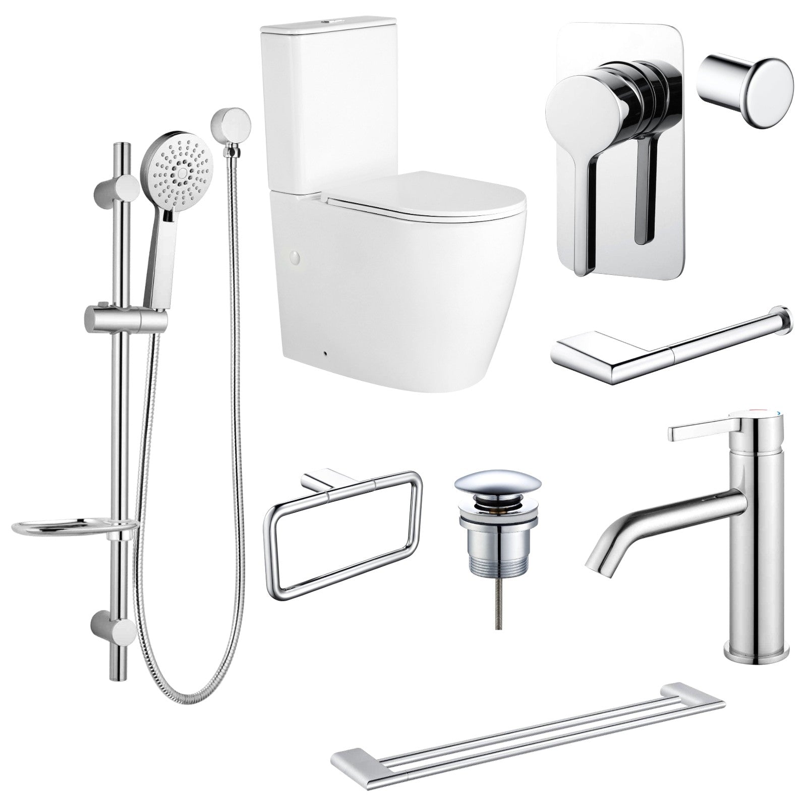 Zenmo KENZO 9-Piece Bathroom Package with Toilet - Chrome: every piece in the package