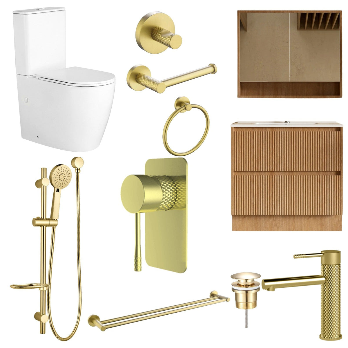 Zenmo TIARA 11-Piece Complete Bathroom Package with Vanity - Brushed Brass: every piece in the package