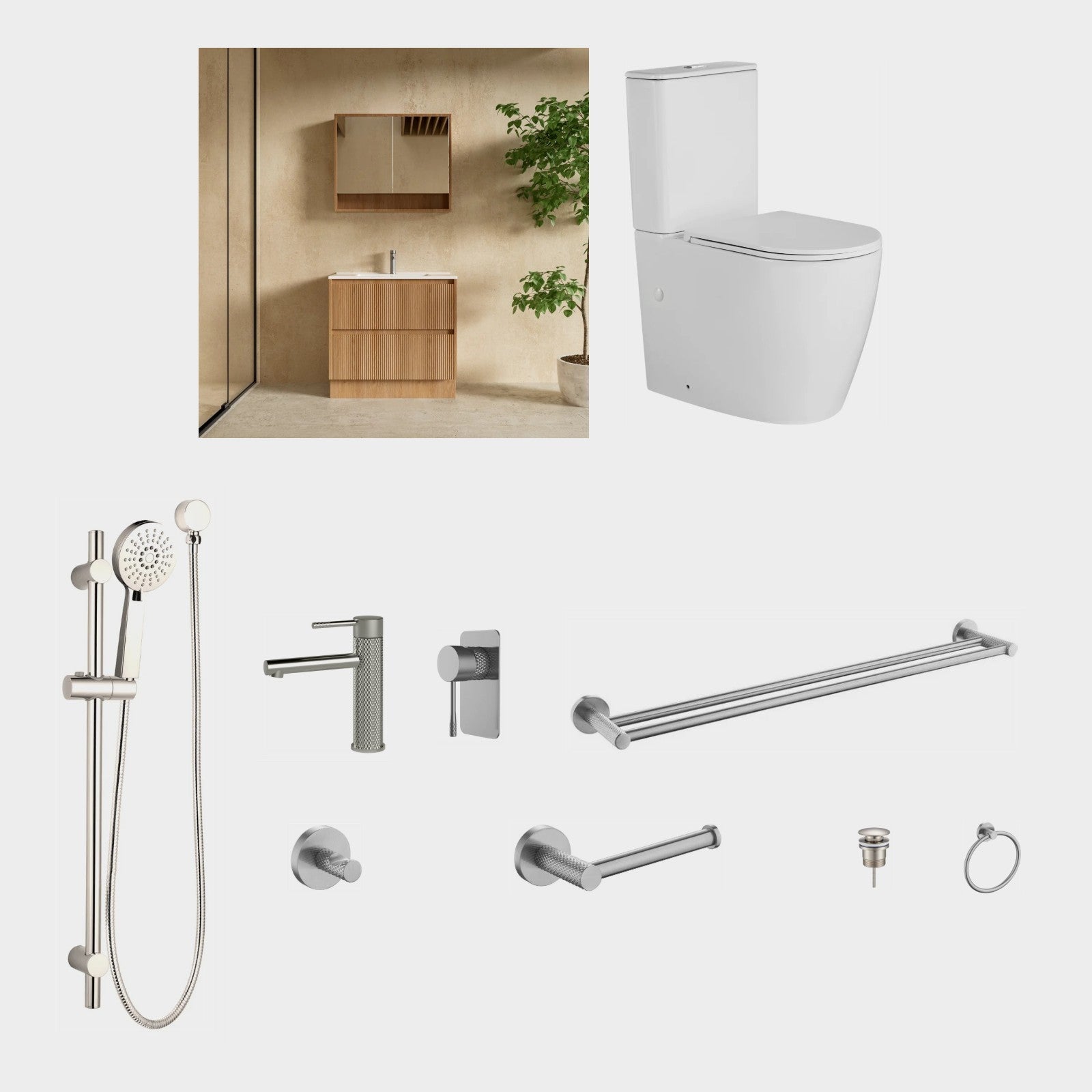 Zenmo TIARA 11-Piece Complete Bathroom Package with Vanity - Brushed Nickel: every piece in the package