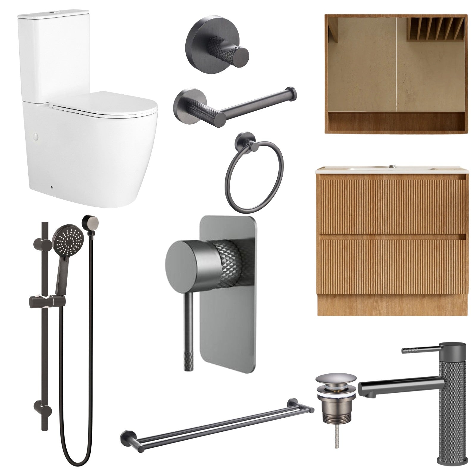 Zenmo TIARA 11-Piece Complete Bathroom Package with Vanity - Gun Metal: every piece in the package