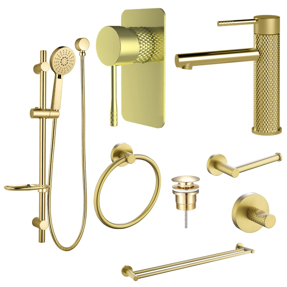 Zenmo TIARA 8-Piece Bathroom Package - Brushed Brass: every piece in the package