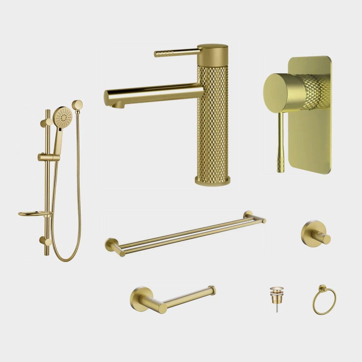 Zenmo TIARA 8-Piece Bathroom Package - Brushed Brass: every piece in the package