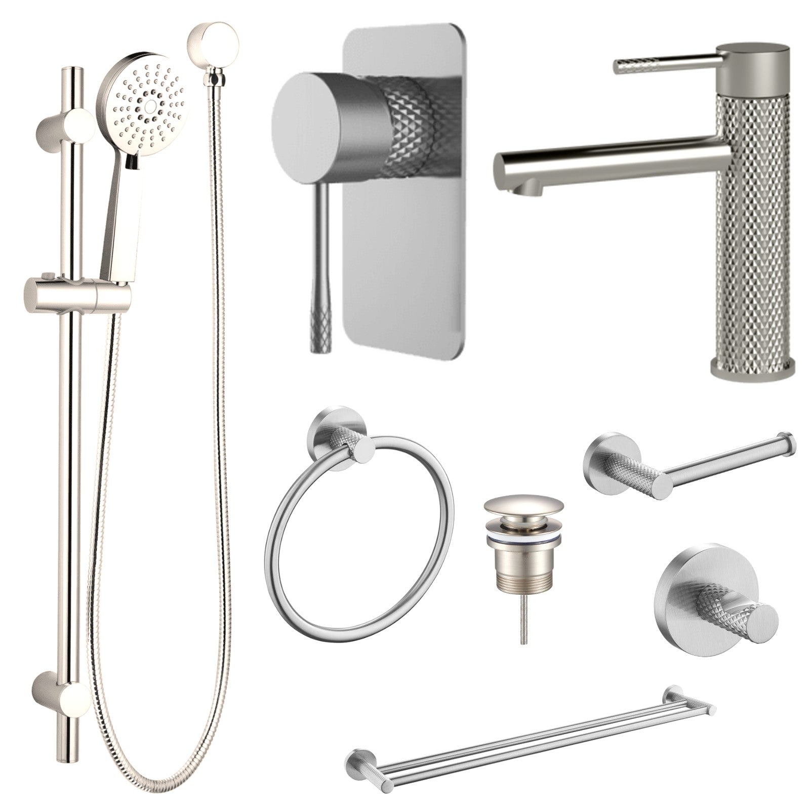 Zenmo TIARA 8-Piece Bathroom Package - Brushed Nickel: every piece in the package