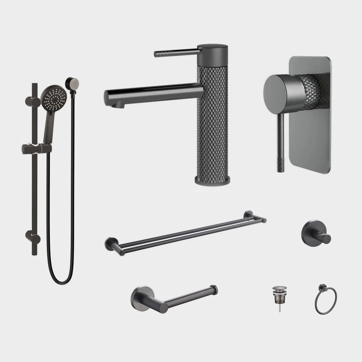 Zenmo TIARA 8-Piece Bathroom Package - Gun Metal: every piece in the package