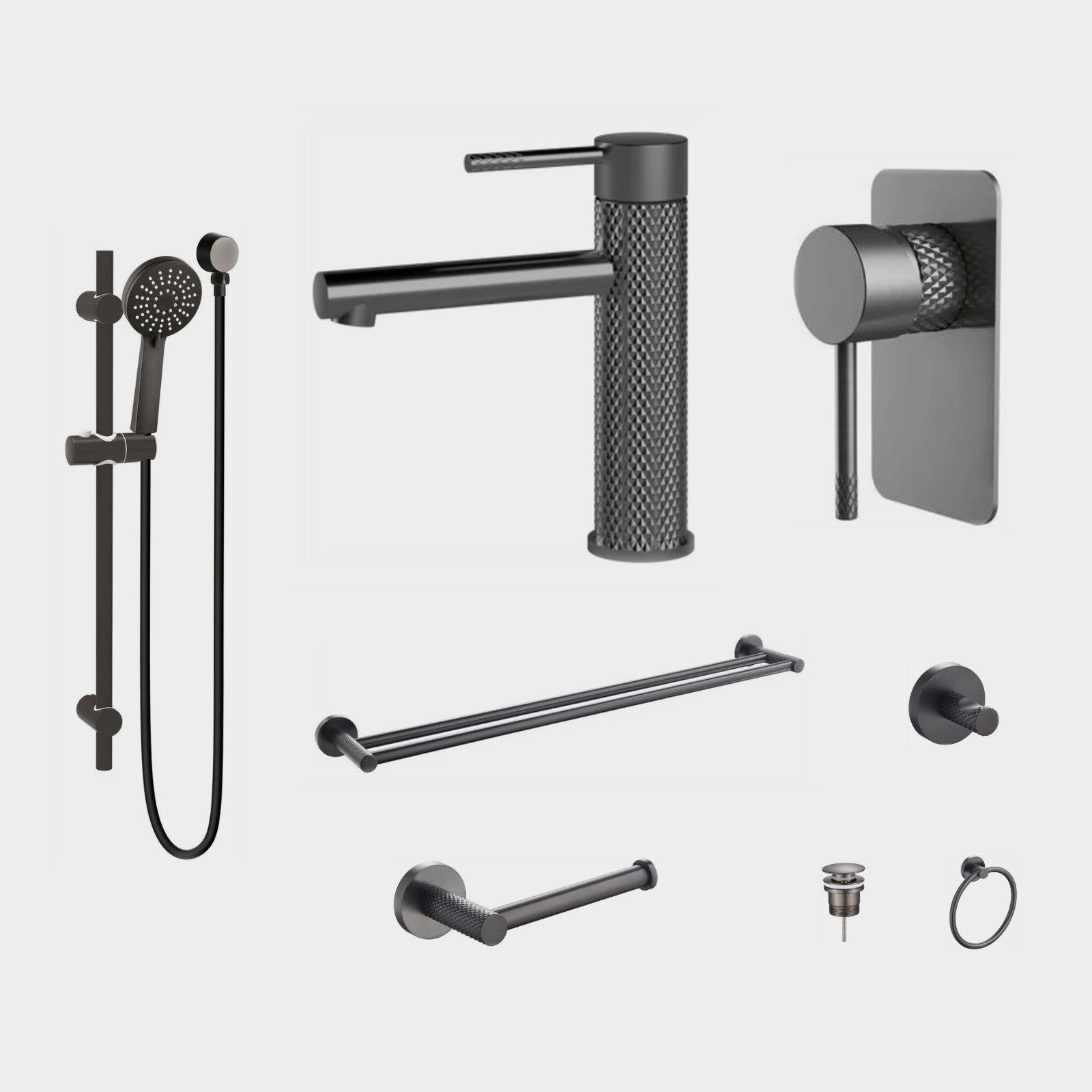 Zenmo TIARA 8-Piece Bathroom Package - Gun Metal: every piece in the package