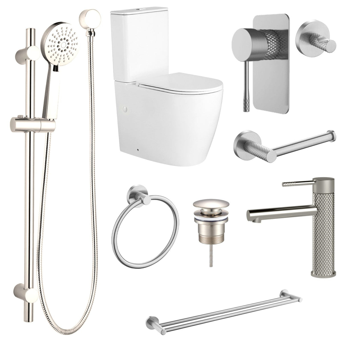 Zenmo TIARA 9-Piece Bathroom Package with Toilet - Brushed Nickel: every piece in the package