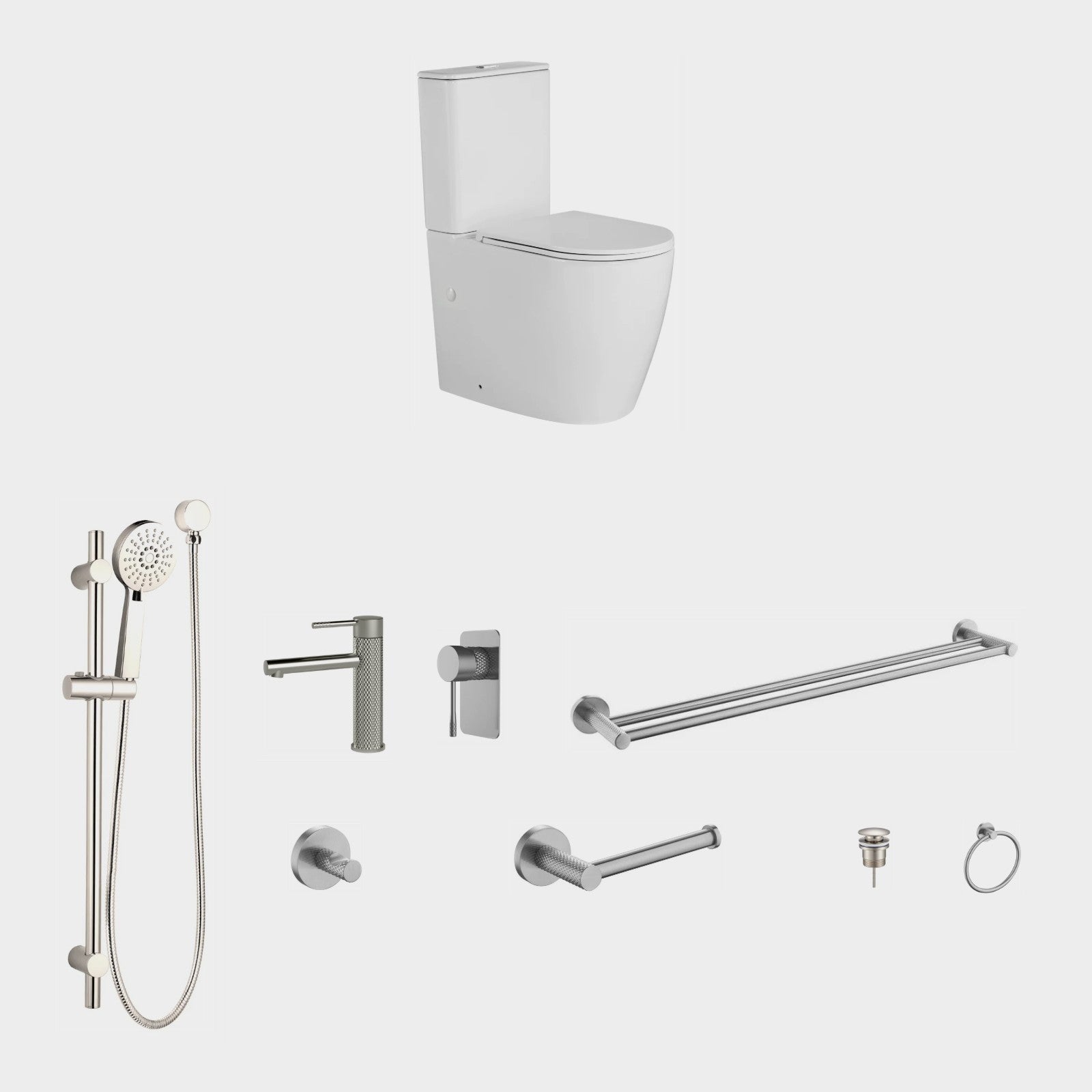 Zenmo TIARA 9-Piece Bathroom Package with Toilet - Brushed Nickel: every piece in the package