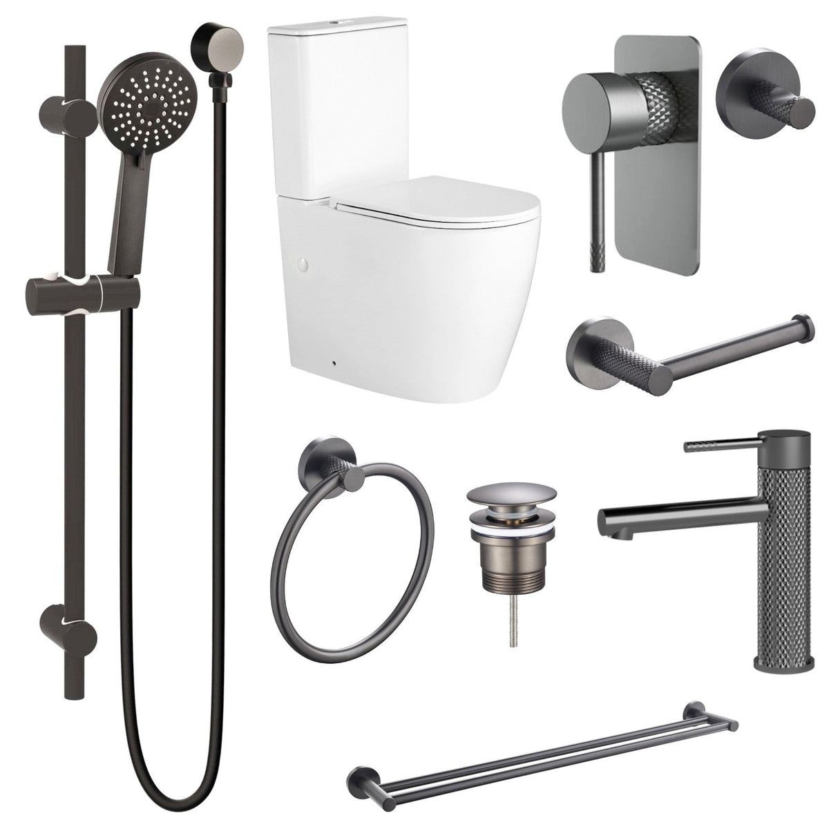 Zenmo TIARA 9-Piece Bathroom Package with Toilet - Gun Metal: every piece in the package