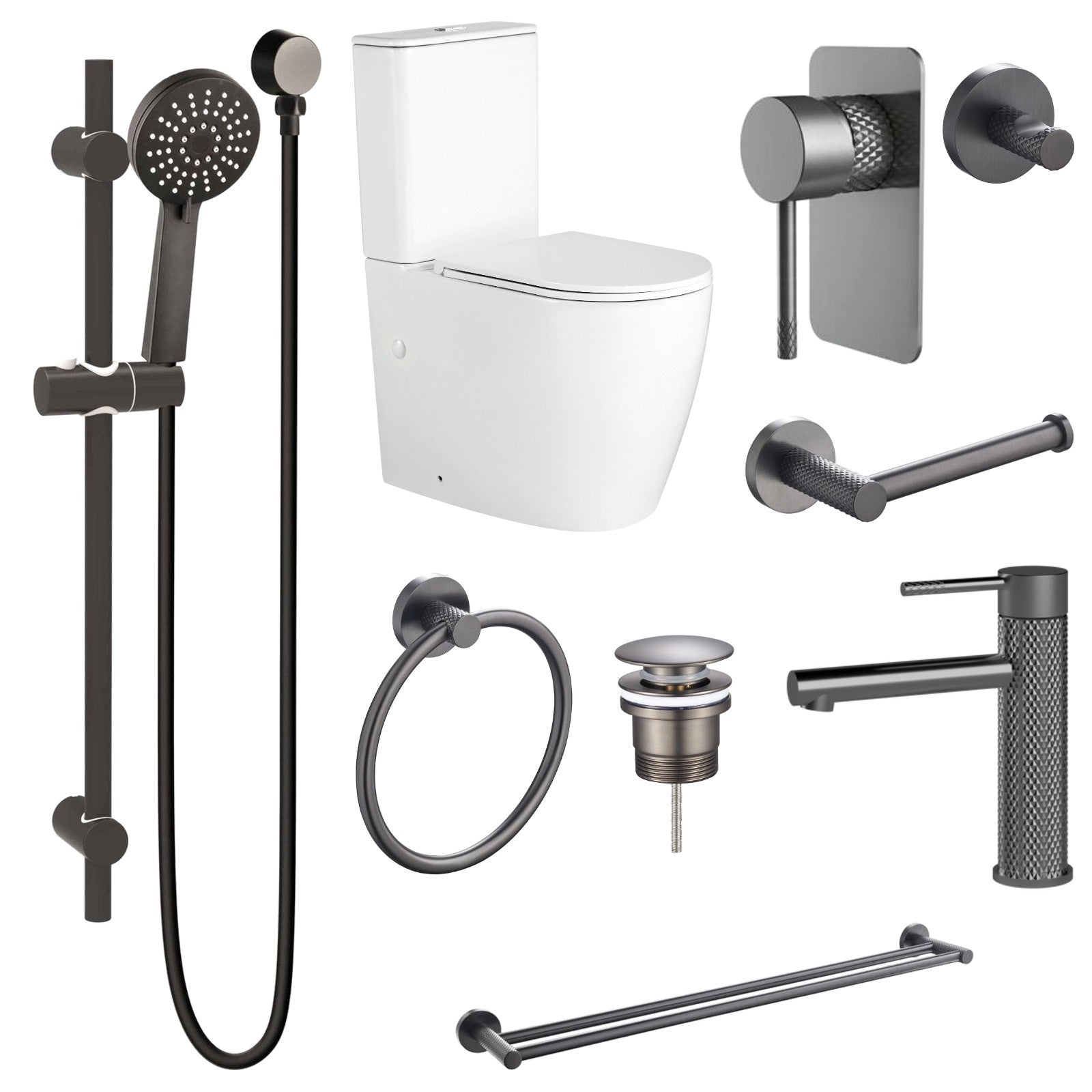 Zenmo TIARA 9-Piece Bathroom Package with Toilet - Gun Metal: every piece in the package