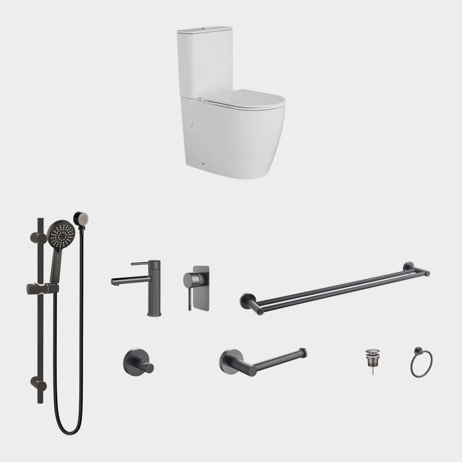Zenmo TIARA 9-Piece Bathroom Package with Toilet - Gun Metal: every piece in the package